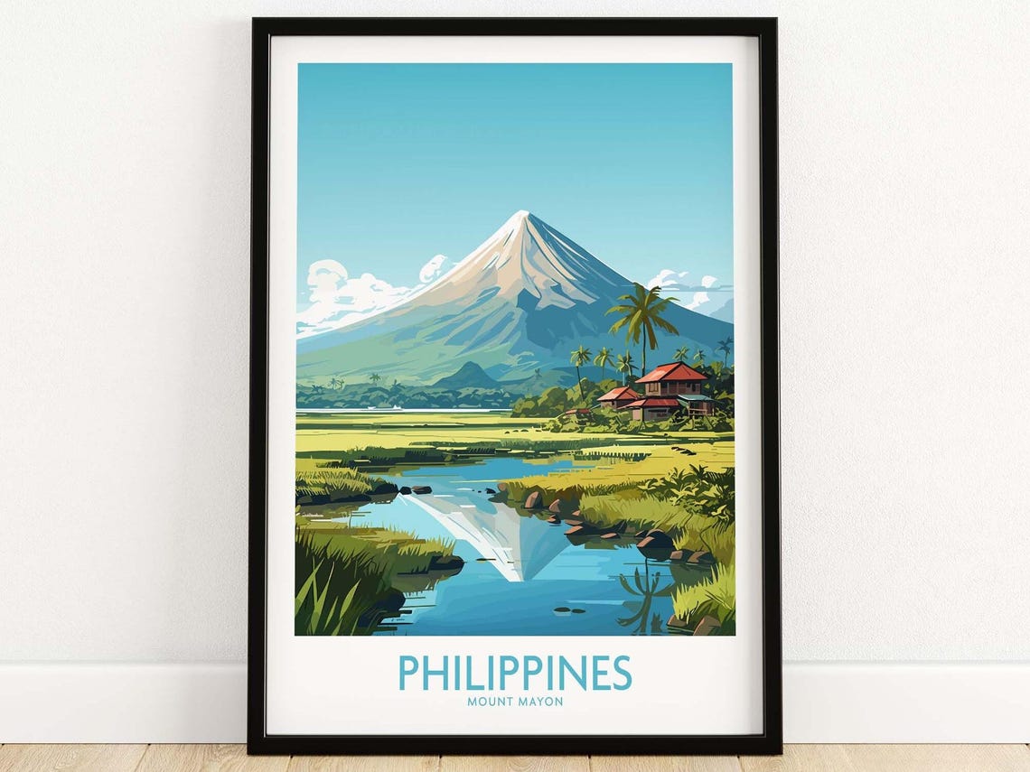 Philippines Mount Mayon Volcano Rice Field Reflection Travel Poster