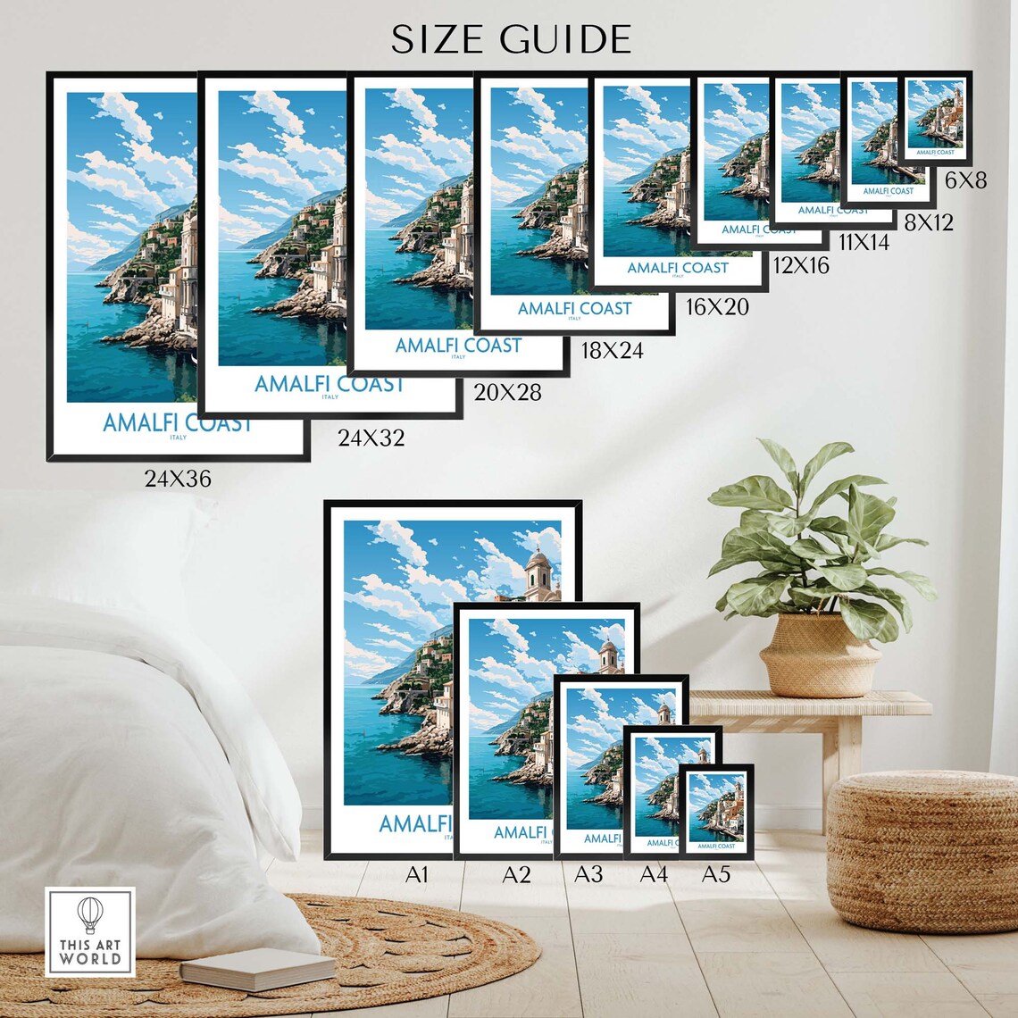 Amalfi Coast Italy Cliffside Village Church Tower Sea View Art Poster - Image 2