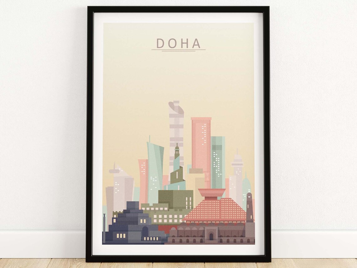 Doha City Skyline Travel Poster, Qatar Cityscape Art
