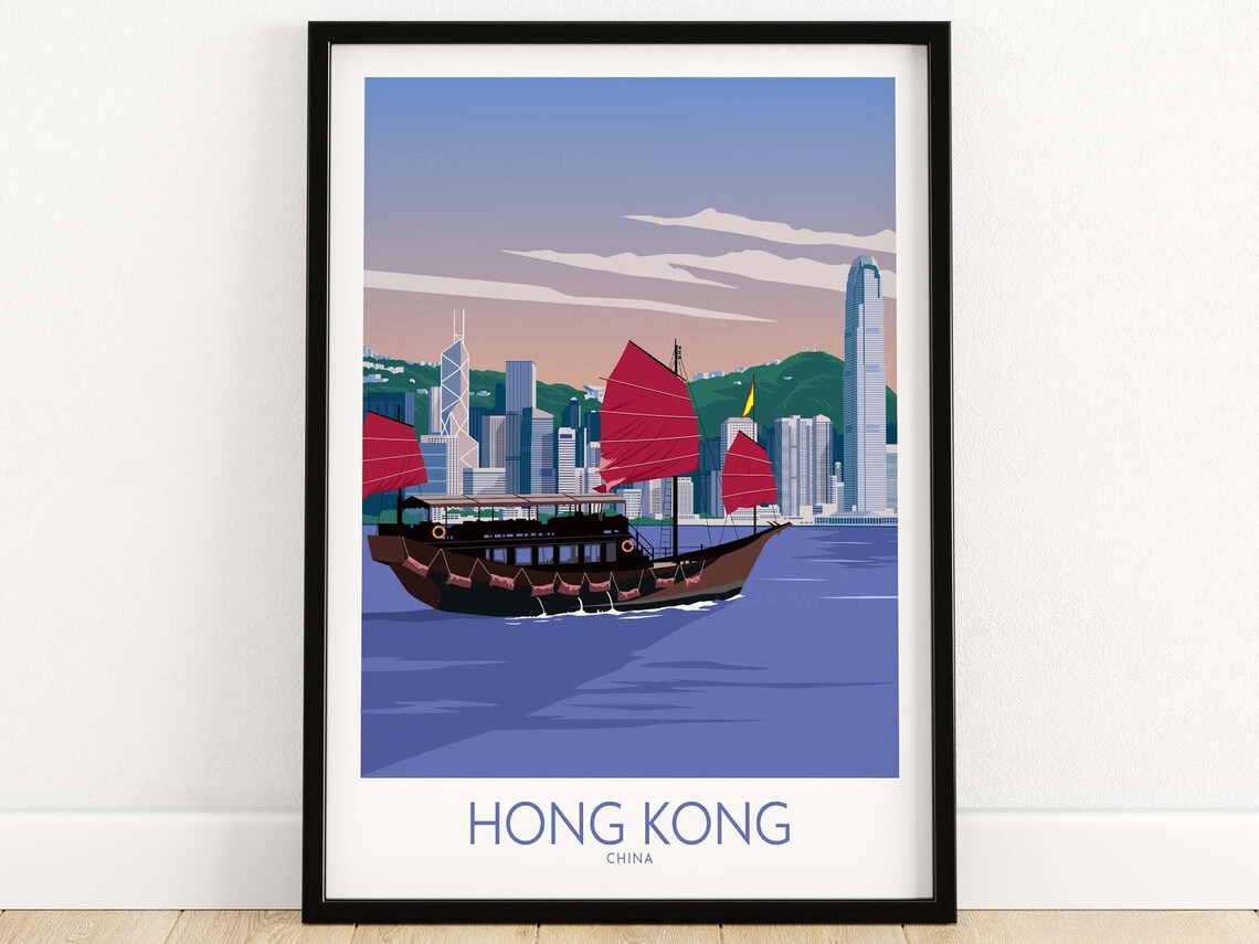Hong Kong Cityscape Travel Poster, China Hk