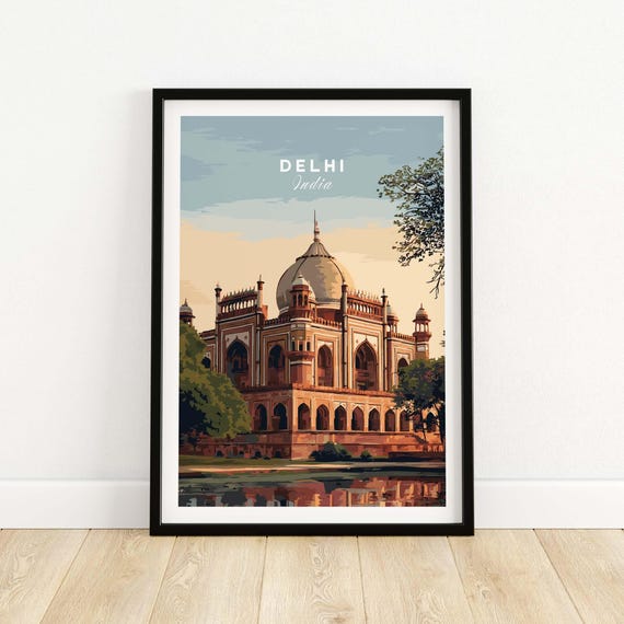 Delhi India Travel Poster Humayuns Tomb Print Mughal Architecture Wall Art Decor Gift Lovers Illustration Artwork