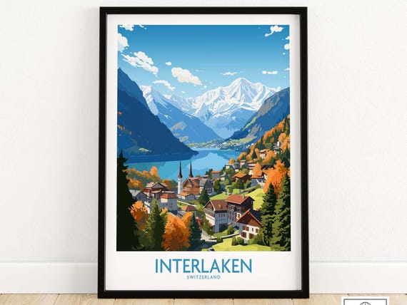 Interlaken Print Travel Home Dcor Poster Gift Illustration Artwork Wall Hanging Framed Unframed