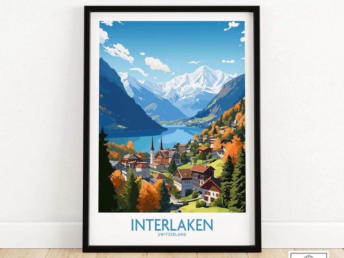 Interlaken Print Travel Home Dcor Poster Gift Illustration Artwork Wall Hanging Framed Unframed
