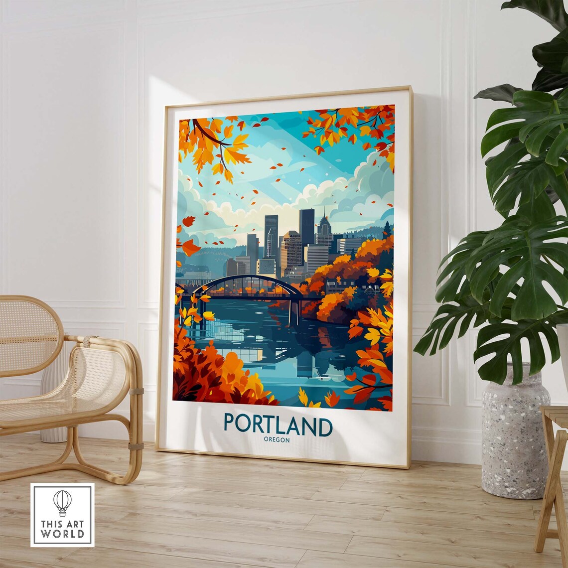 Portland Oregon Autumn Bridge Downtown Skyline Travel Poster - Image 3