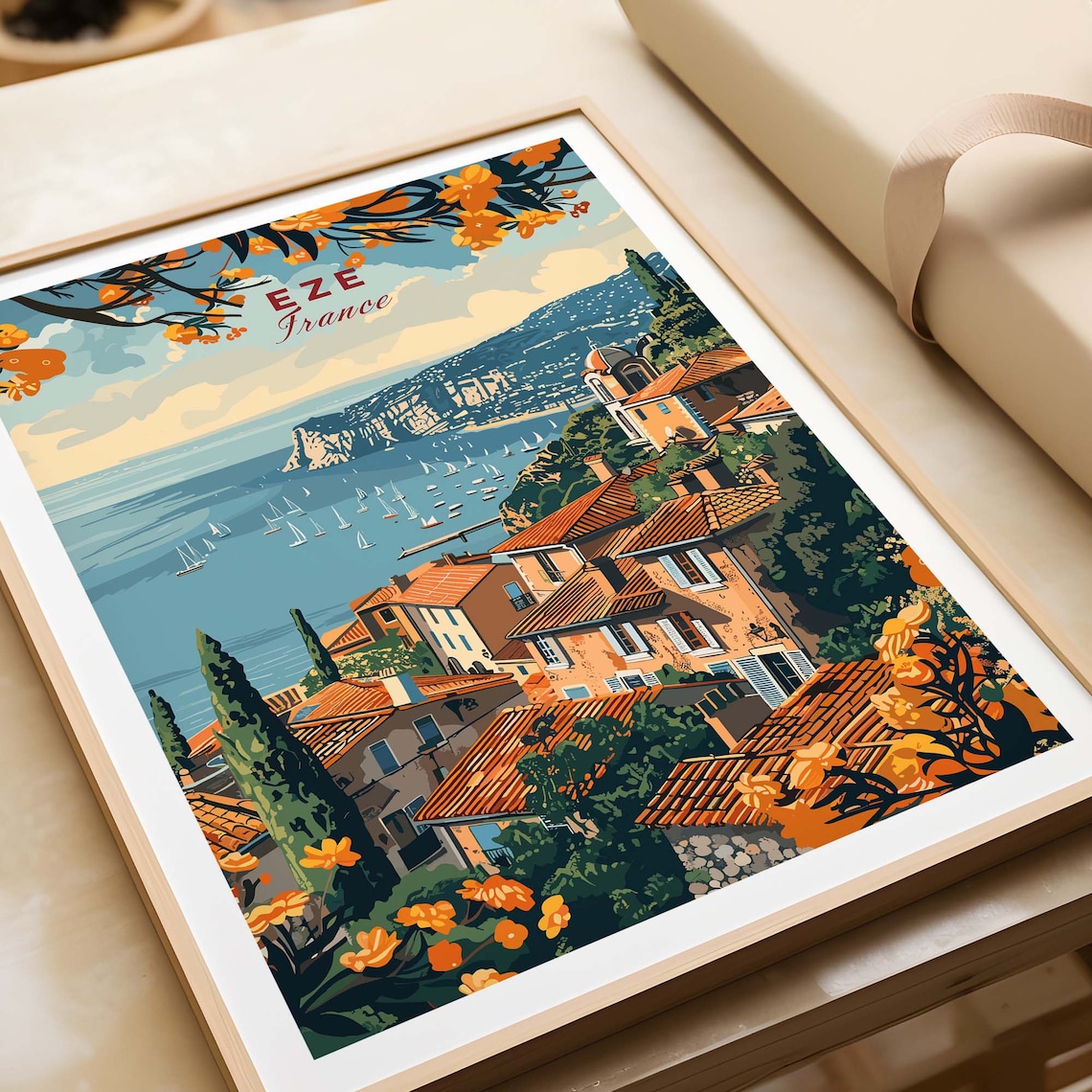 Eze France Hilltop Village Bay Sailboats Orange Blossoms Poster