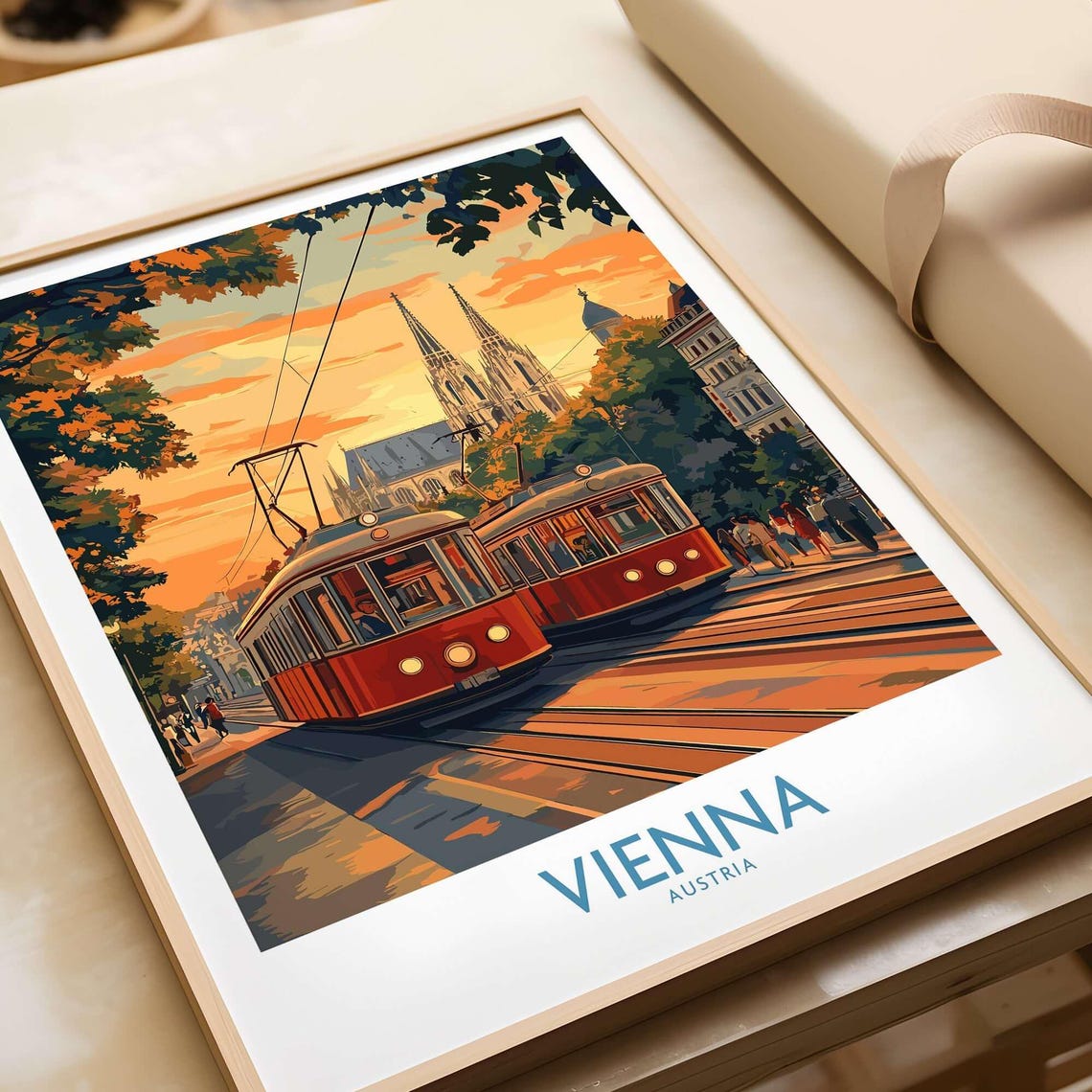 Vienna Austria Red Vintage Trams Cathedral Sunset Scene Poster