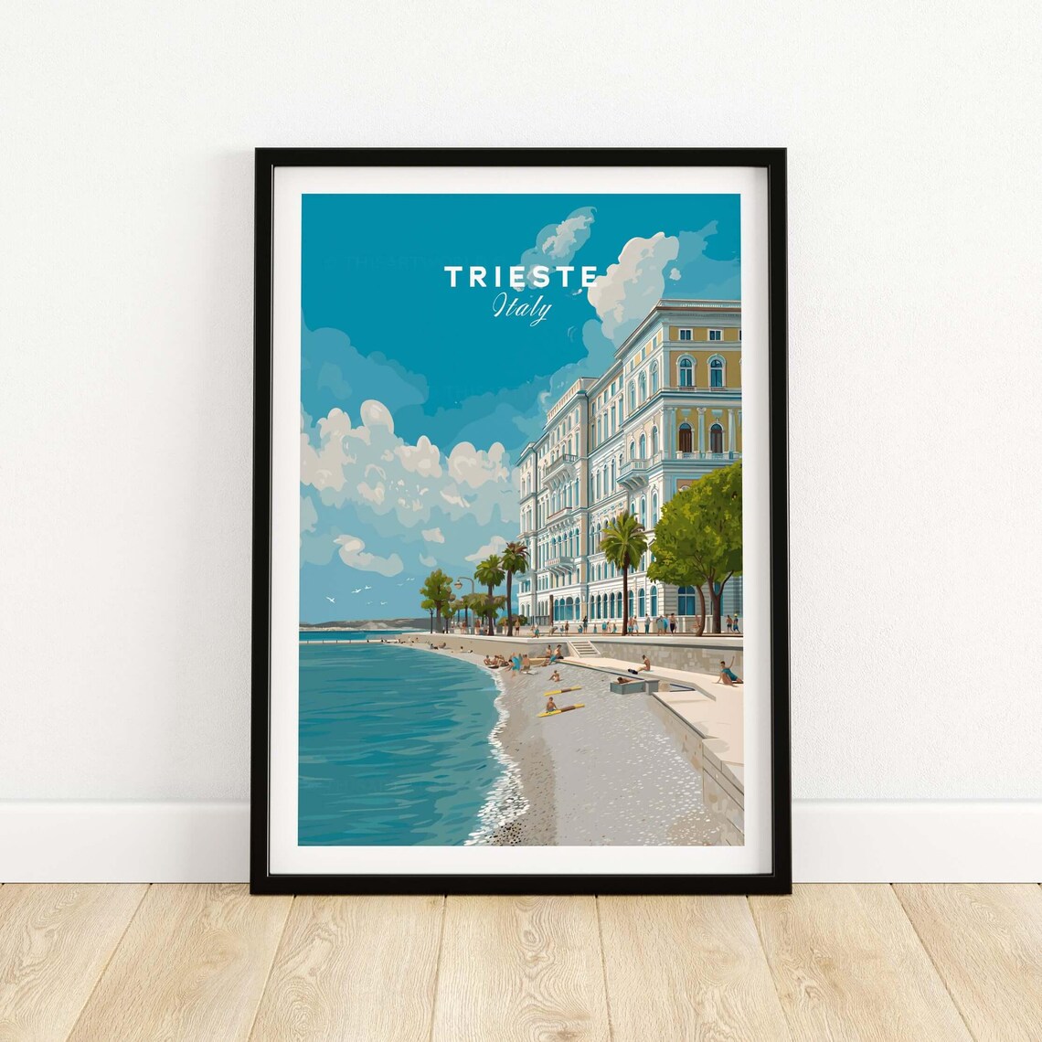 Trieste Italy Seaside Promenade Beach Grand Hotel Travel Poster
