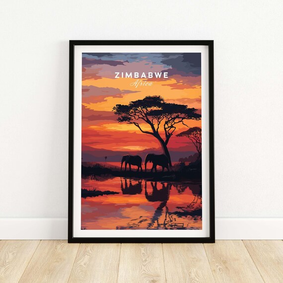 Zimbabwe Africa Safari Sunset Elephants Waterhole Tree Poster
