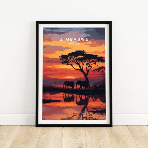 Zimbabwe Travel Poster African Wildlife Art Vibrant Sunset Decor Safari Animal Print Colorful Wall Hanging Vintage Style Artwork