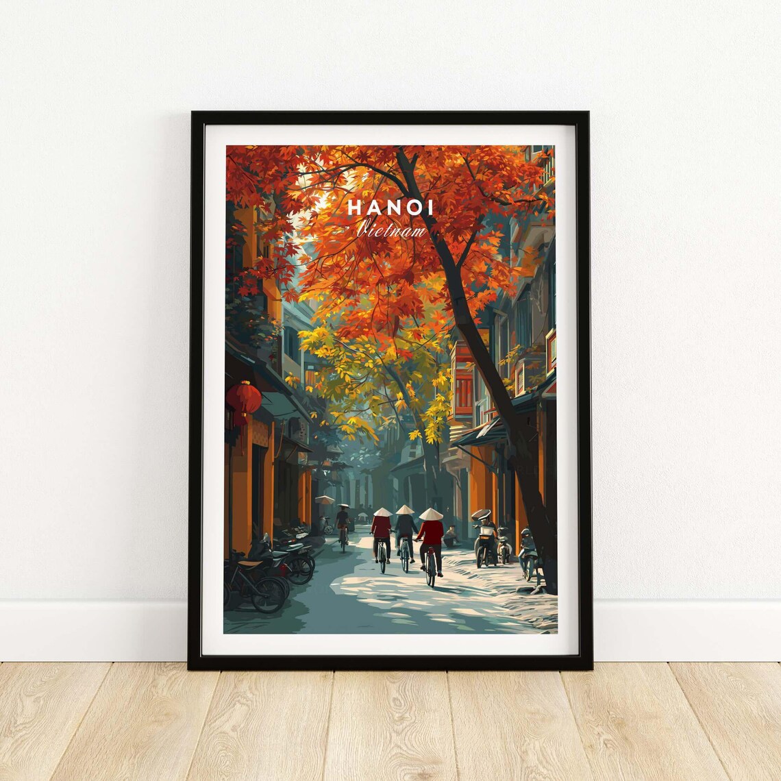 Hanoi Vietnam Autumn Street Scene With Cyclists Vintage Travel Poster
