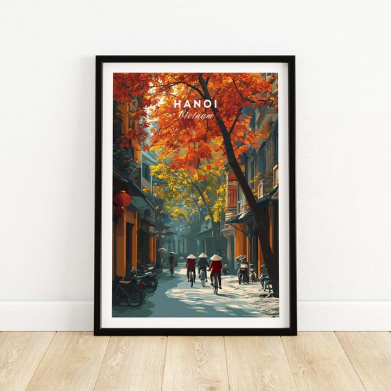 Hanoi Vietnam Autumn Street Scene With Cyclists Vintage Travel Poster