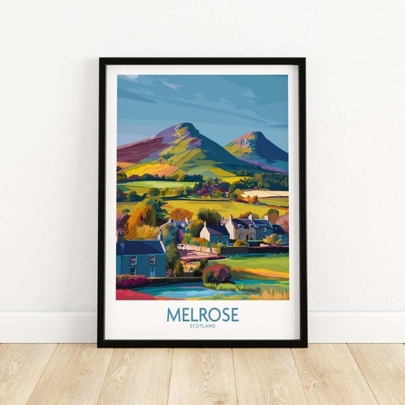 Scottish Borders Melrose Village Travel Poster Eildon Hills Print Scotland Wall Art Gift Lovers Illustration Nature