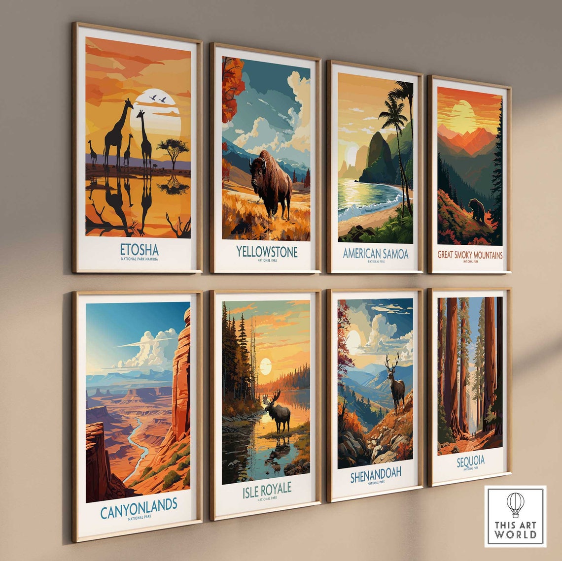 Etosha Namibia Giraffe Herd Waterhole Sunset Safari Art Poster - Image 3