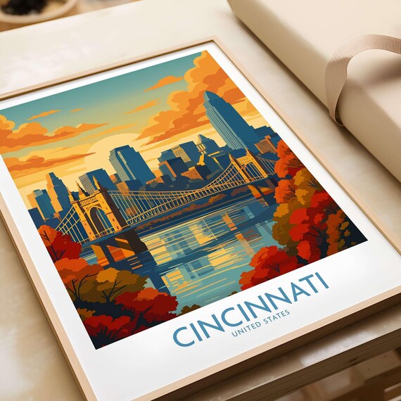 Cincinnati Ohio Autumn Skyline Roebling Bridge Fall Colors Travel Poster