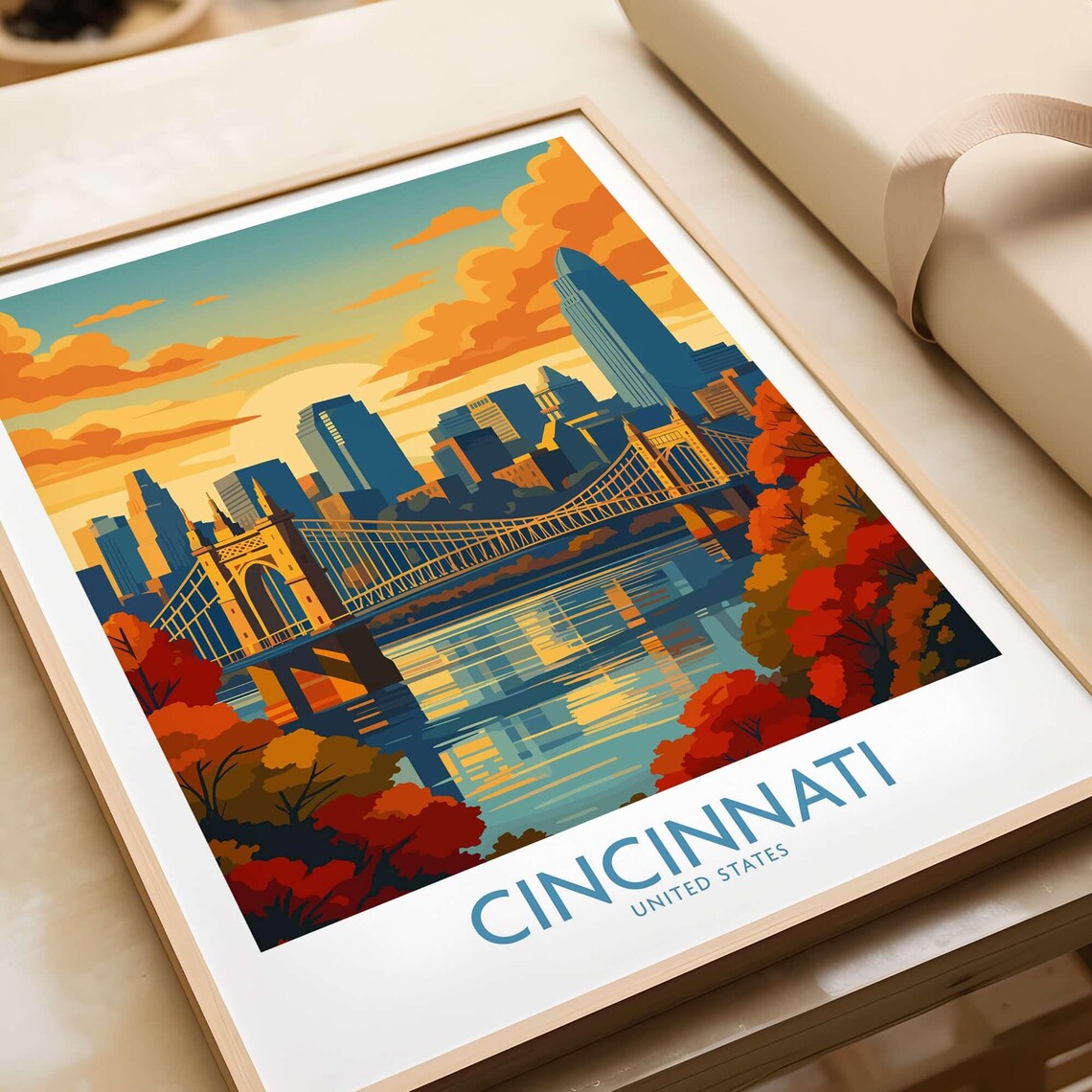 Cincinnati Ohio Autumn Skyline Roebling Bridge Fall Colors Travel Poster