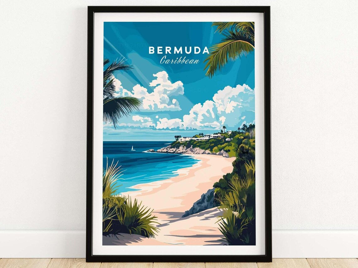 Bermuda Caribbean Pink Sand Beach Palms Vintage Travel Poster
