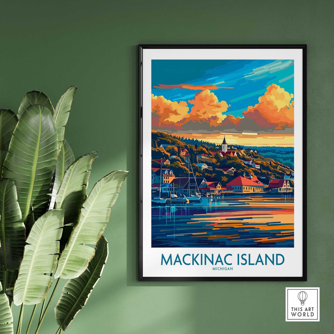 Mackinac Island Michigan Harbor Sunset Scene Vintage Travel Poster - Image 2