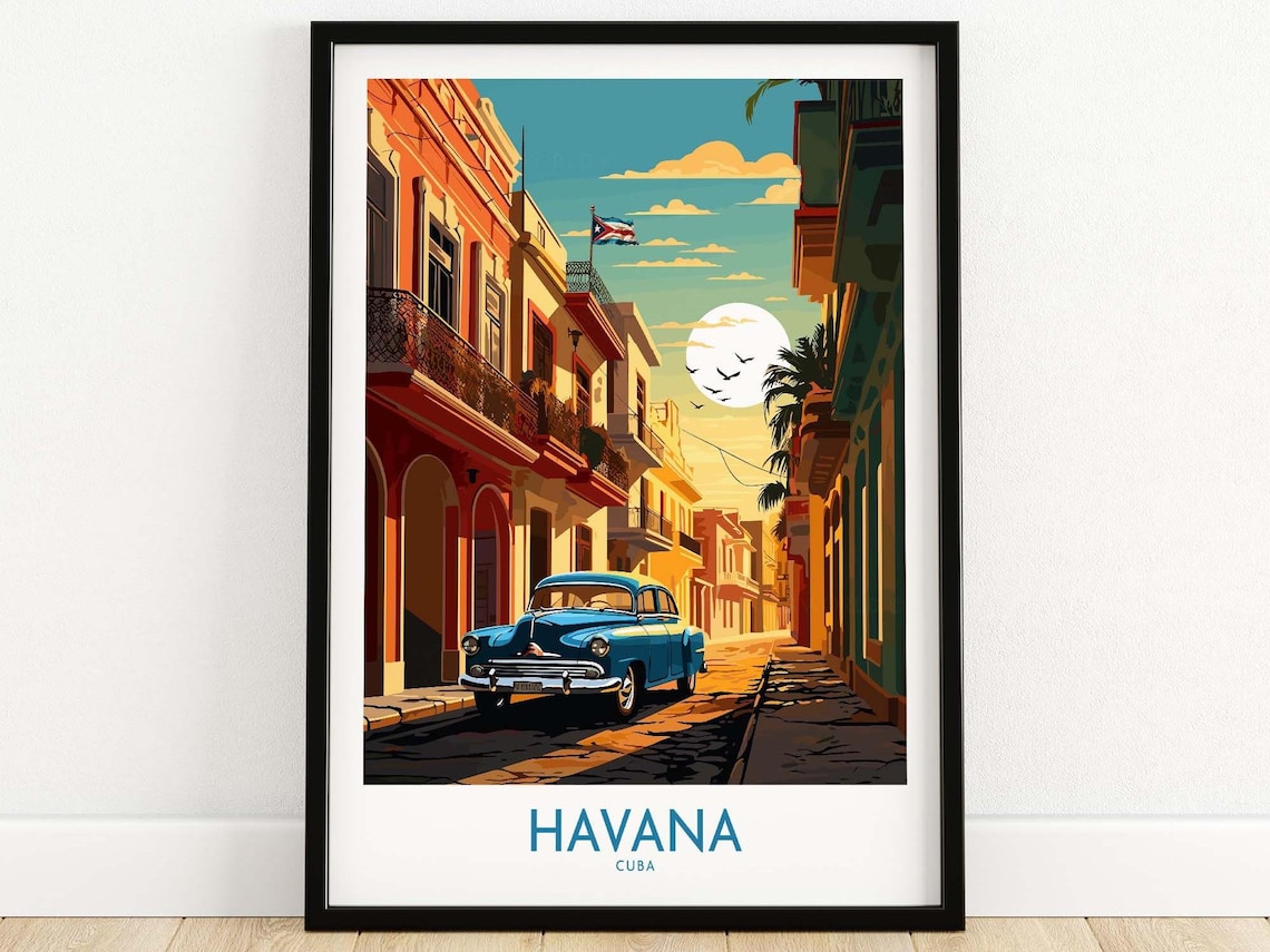 Havana Cuba Classic Car on Colonial Street Sunset Travel Poster