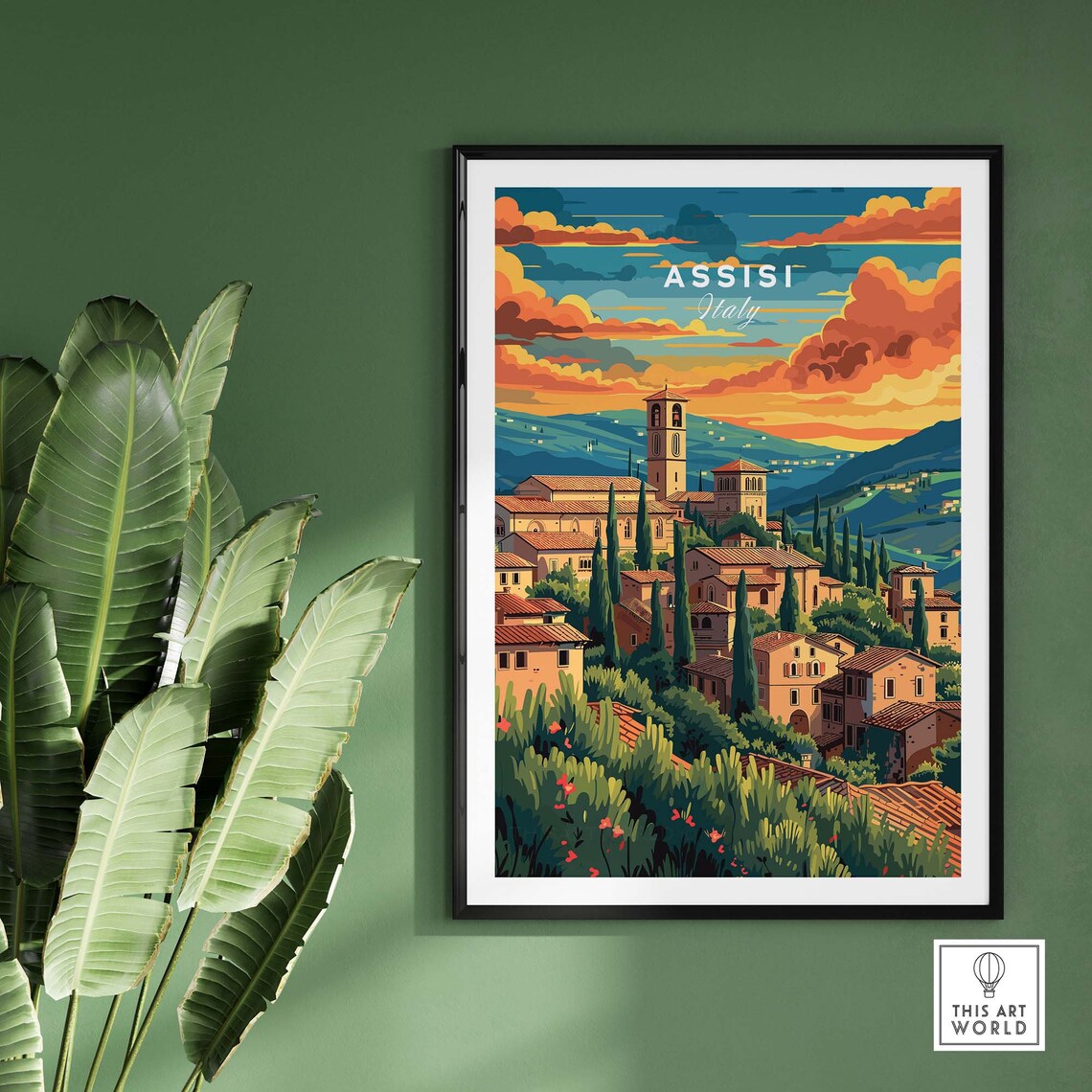 Assisi Italy Hilltop Old Town Sunset Bell Tower Vintage Style Poster - Image 2