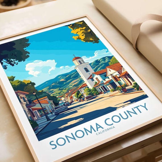 Sonoma County California Colorful Town Street Church Tower Poster