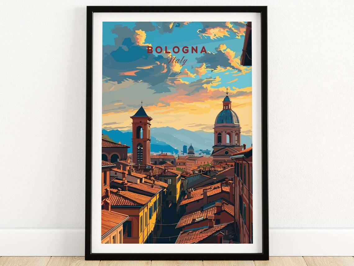Bologna Italy Travel Sunset Rooftop Street Towers Skyline Poster