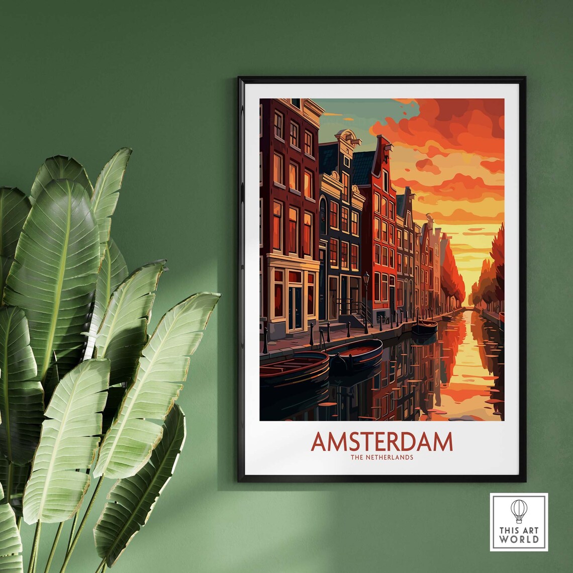 Amsterdam Canal Houses Sunset Bikes Boats Netherlands Travel Poster - Image 2