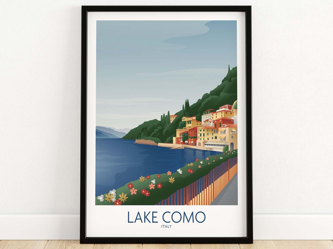 Lake Como Italy Vintage Lakeside Village Illustration Poster