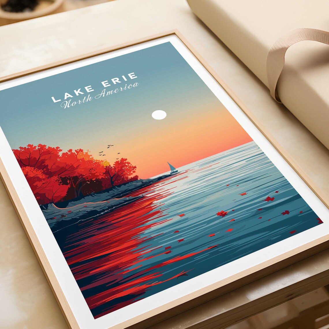 Lake Erie North America Fiery Autumn Sunset Sailboat Travel Poster