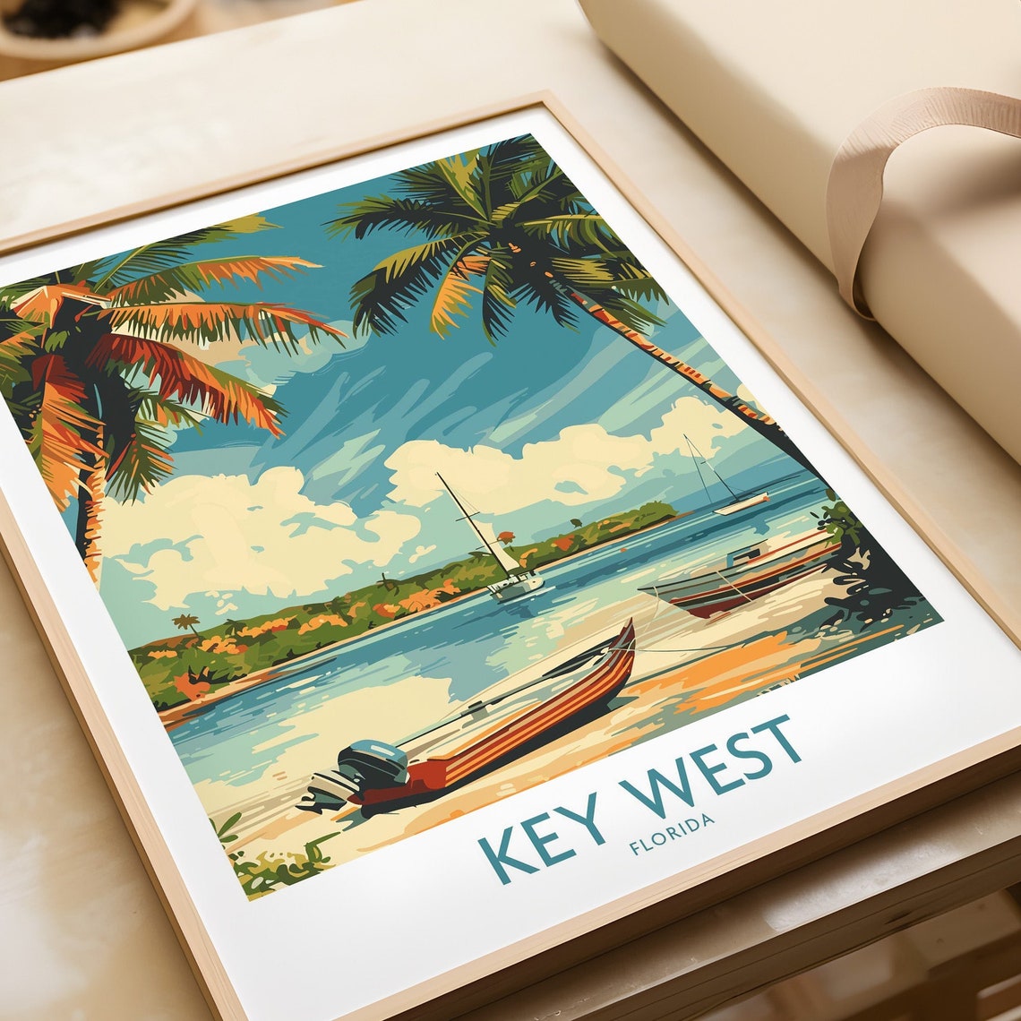 Key West Florida Bay Motorboat Sails Classic Travel Art Poster