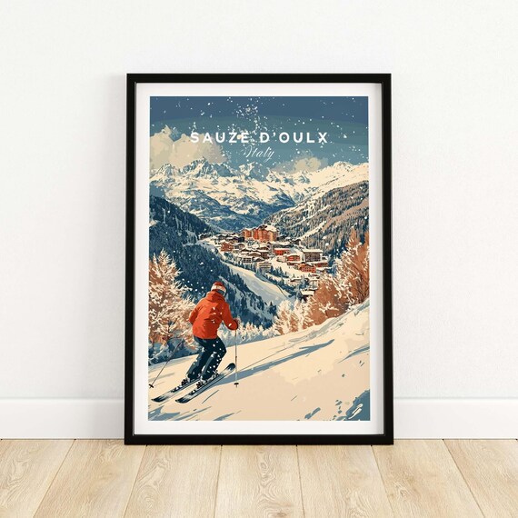 Sauze d'Oulx Italy Skier Carving Downhill to Village Slope Poster