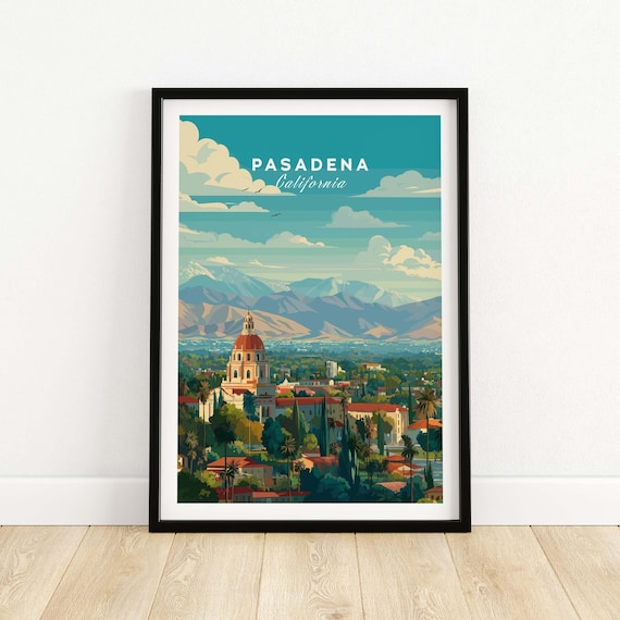 Pasadena California City Hall and San Gabriel Mountains Retro Travel Poster