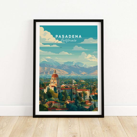 Pasadena Print City Hall San Gabriel Mountain Poster Wall Art Cityscape Illustration Landscape Decor Gift