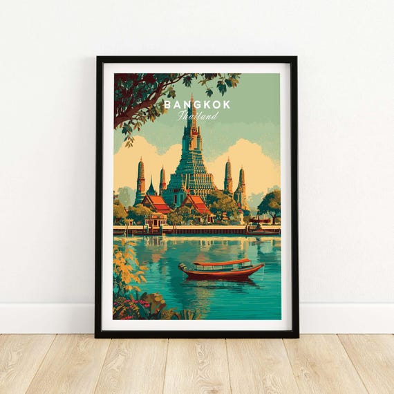 Bangkok Poster Thailand Wall Art Wat Arun River Scene Print Grand Temple Decor Thai Travel Gift Asian Landscape Illustration