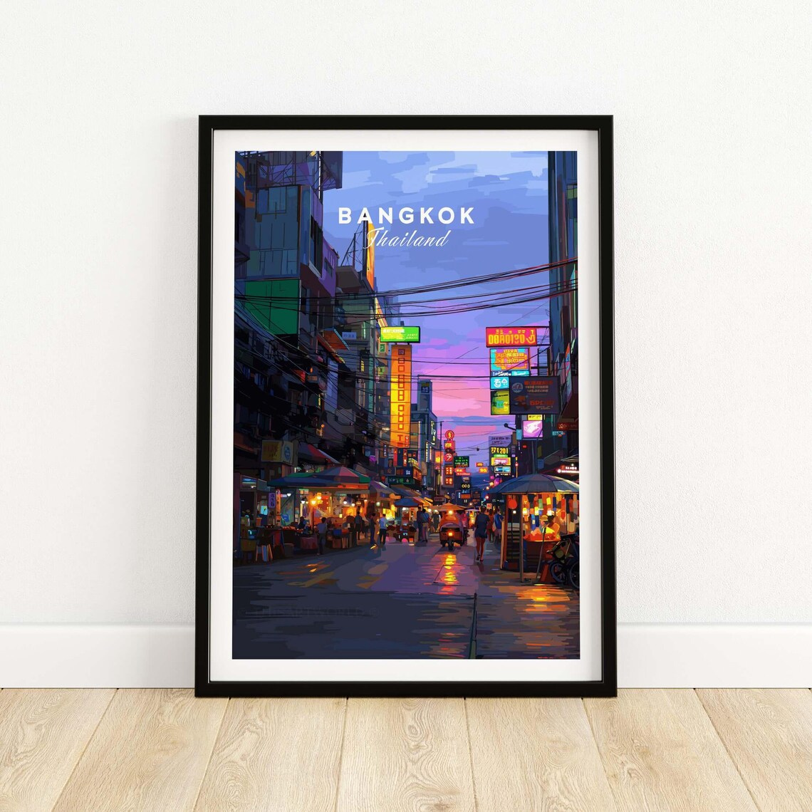 Bangkok Thailand Night Market Neon Street Evening Travel Poster