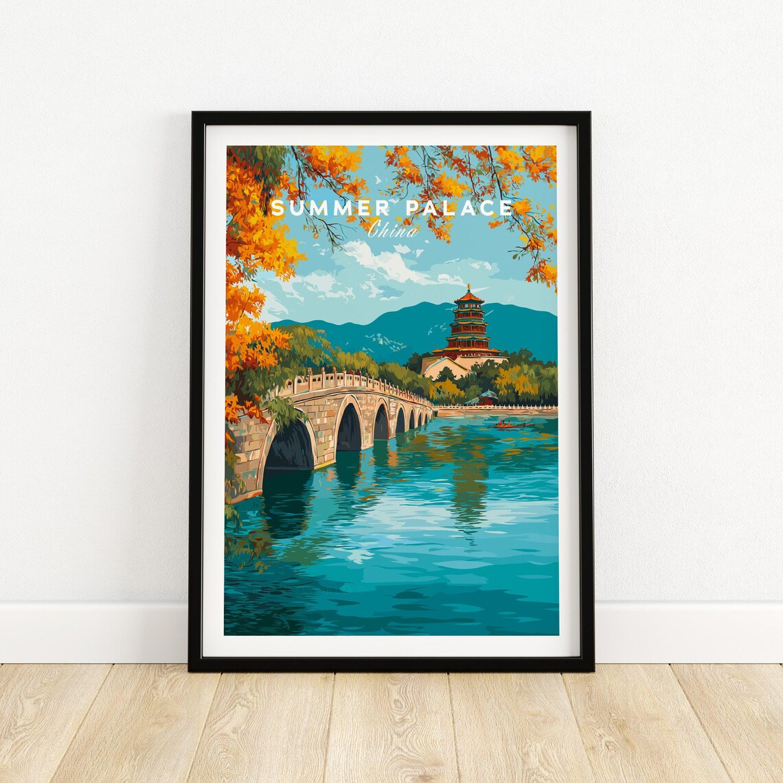 Summer Palace China Travel Poster with Autumn Bridge and Lake View