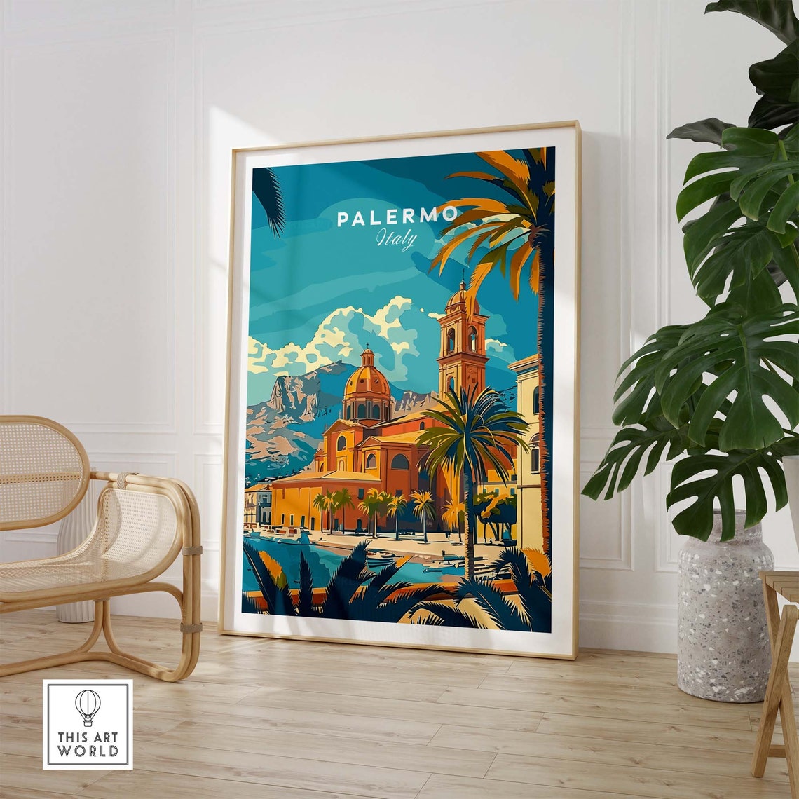 Palermo Sicily Cathedral Palm Trees Mountain Backdrop View Poster - Image 2