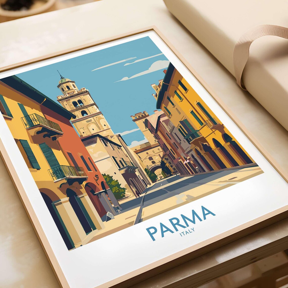 Parma Italy Bell Tower Historic Street Corner Vintage Travel Poster