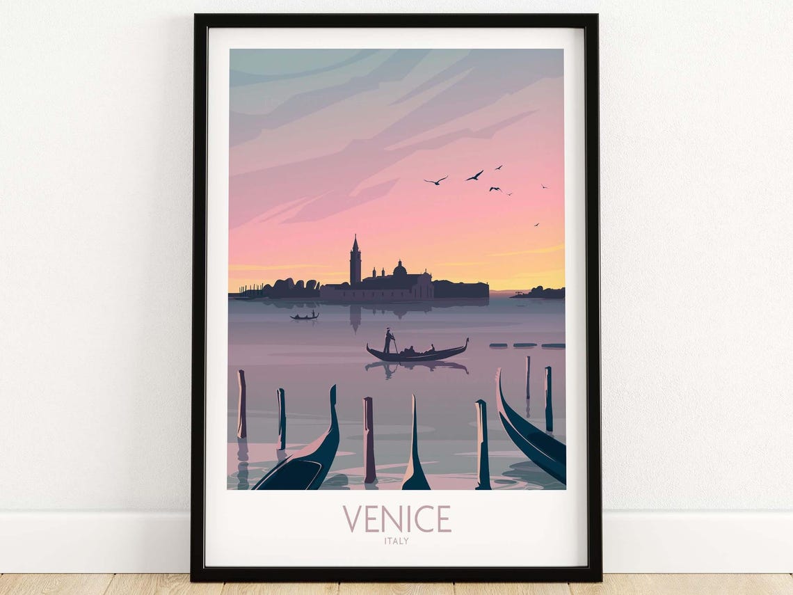 Venice Italy Sunset Lagoon Gondolas Romantic Vintage Travel Poster