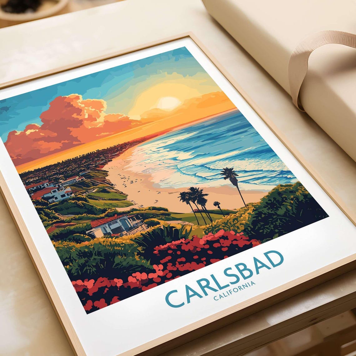 Carlsbad California Coastline Sunset Palms Ocean View Travel Poster