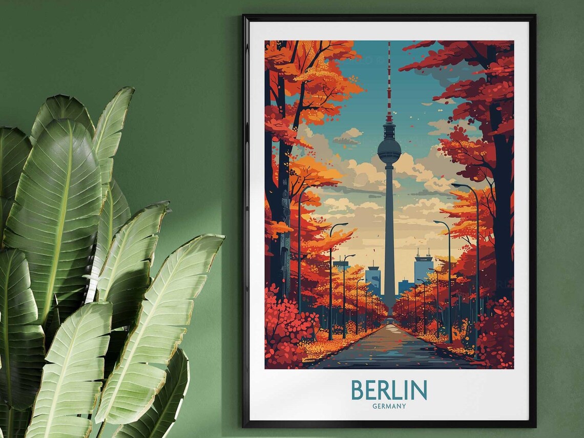 Berlin Germany Autumn Fernsehturm Tower Vintage Travel Poster