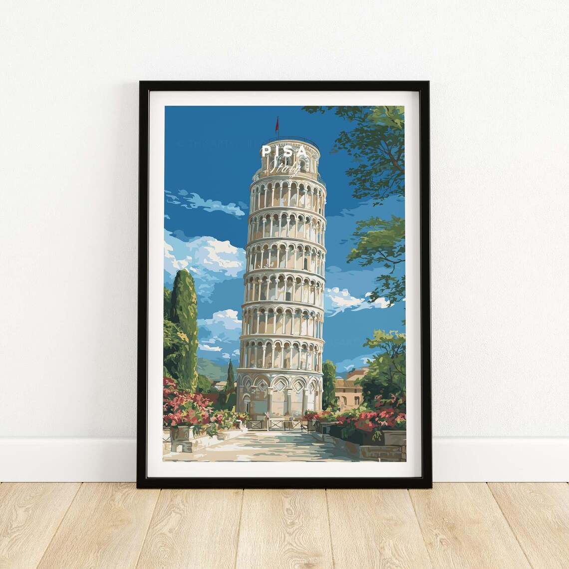Pisa Italy Leaning Tower Standing Under Blue Sky Landmark Poster