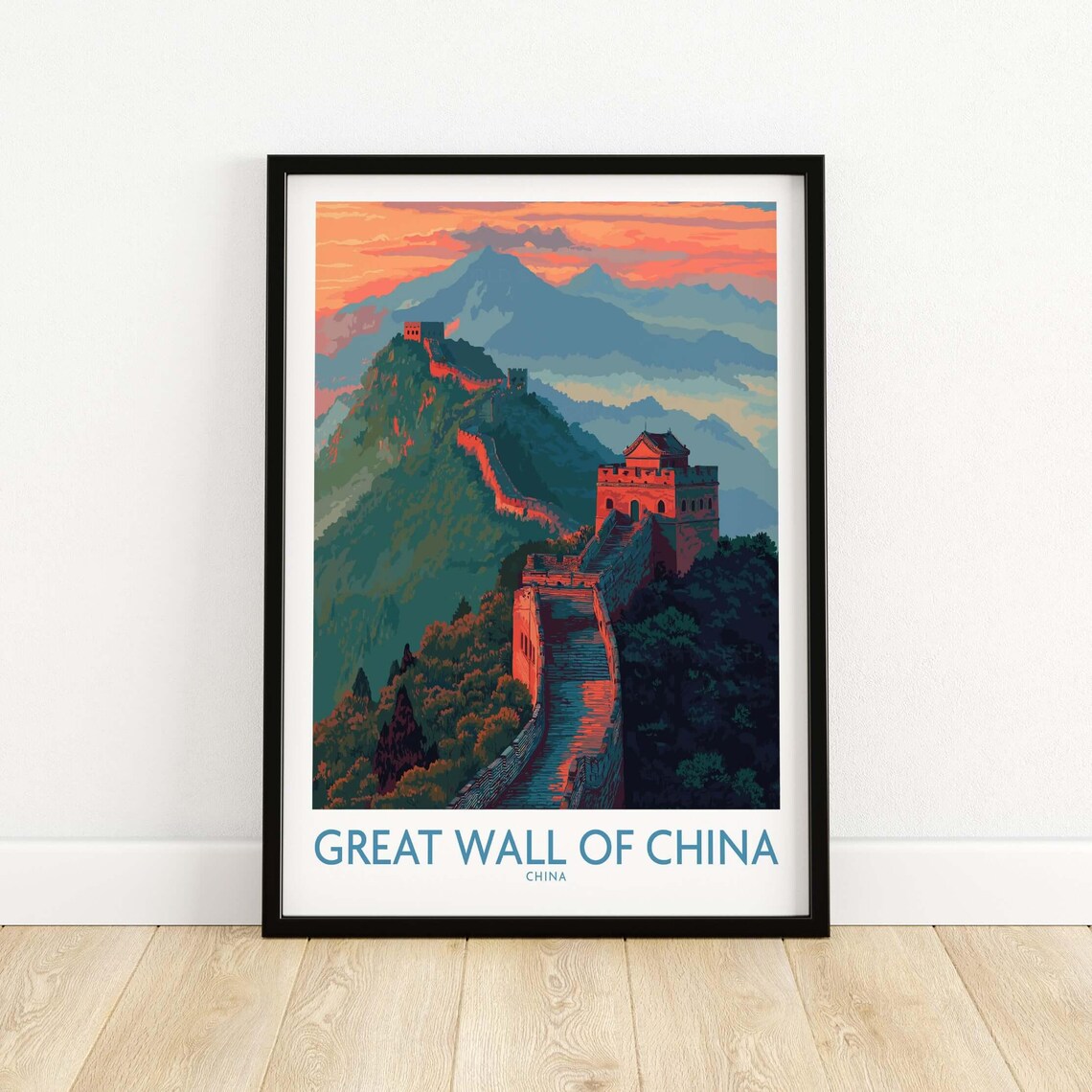 Great Wall of China Sunset Poster with Watchtowers Over Mountain Peaks