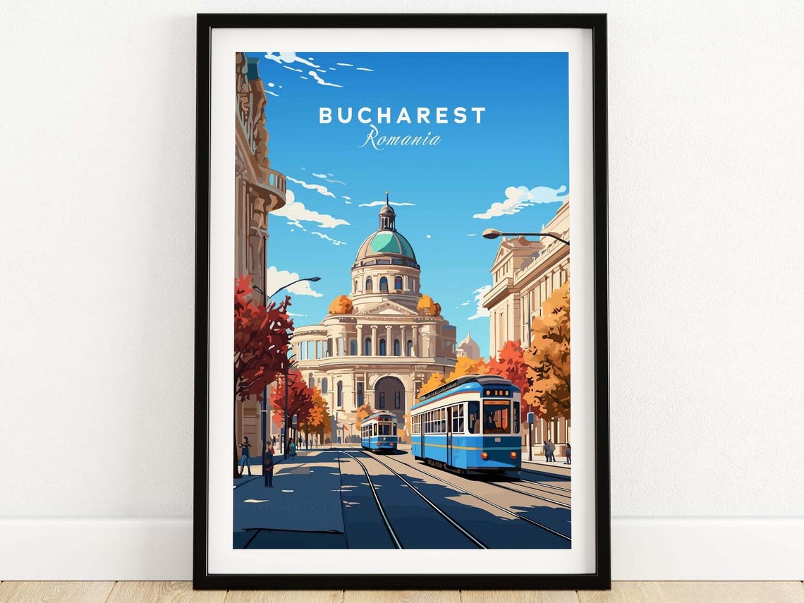 Bucharest Romania Blue Tram Grand Dome Landmark Street Poster