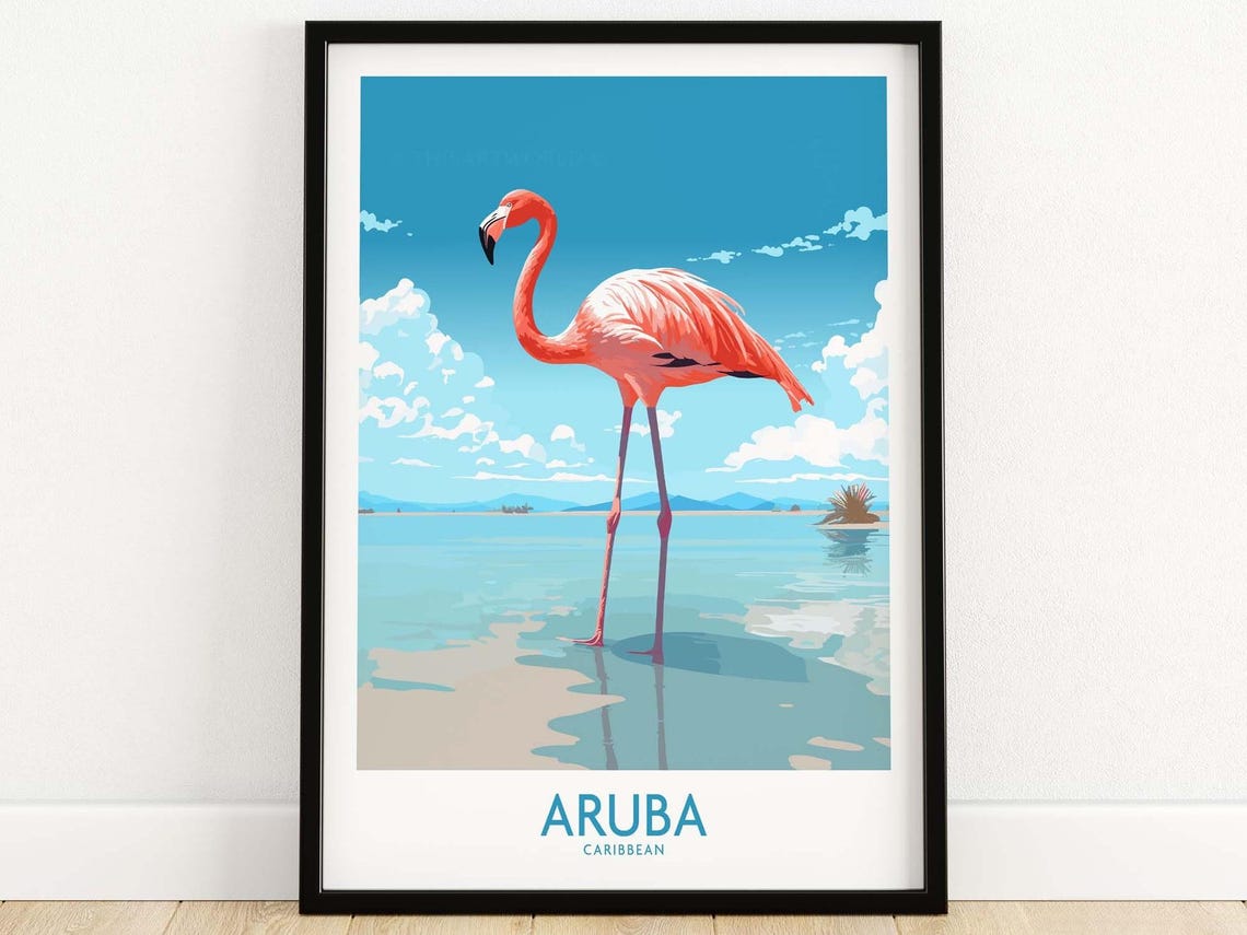 Aruba Caribbean Pink Flamingo Lagoon Illustration Travel Poster