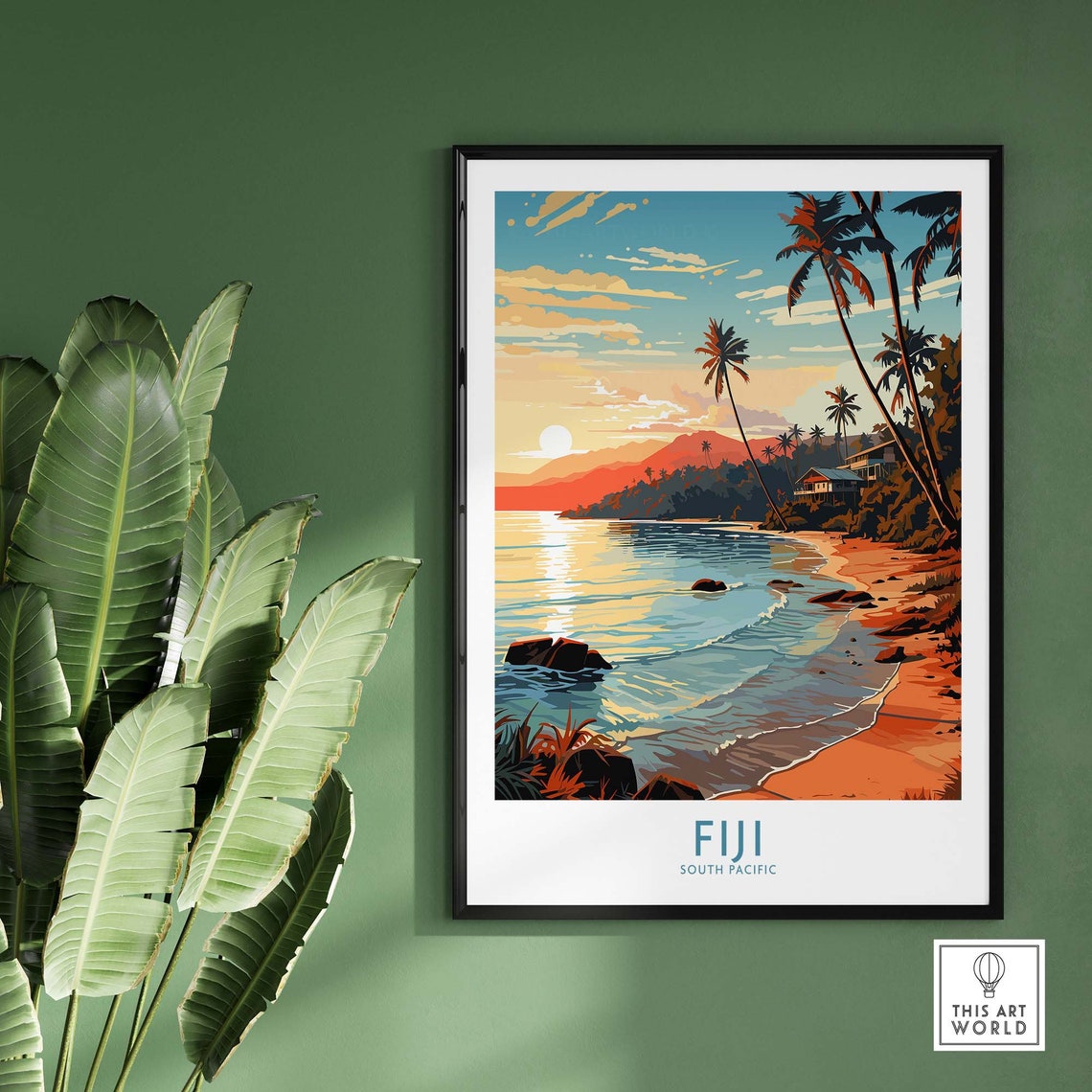 Fiji South Pacific Palm Beach Sunset Scene Vintage Travel Poster - Image 2
