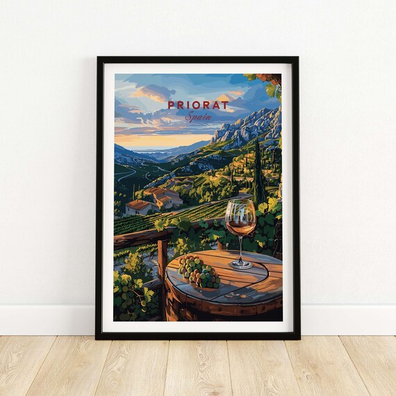 Priorat Spain Wine Glass Barrel Sunset Vineyard Scenic Poster