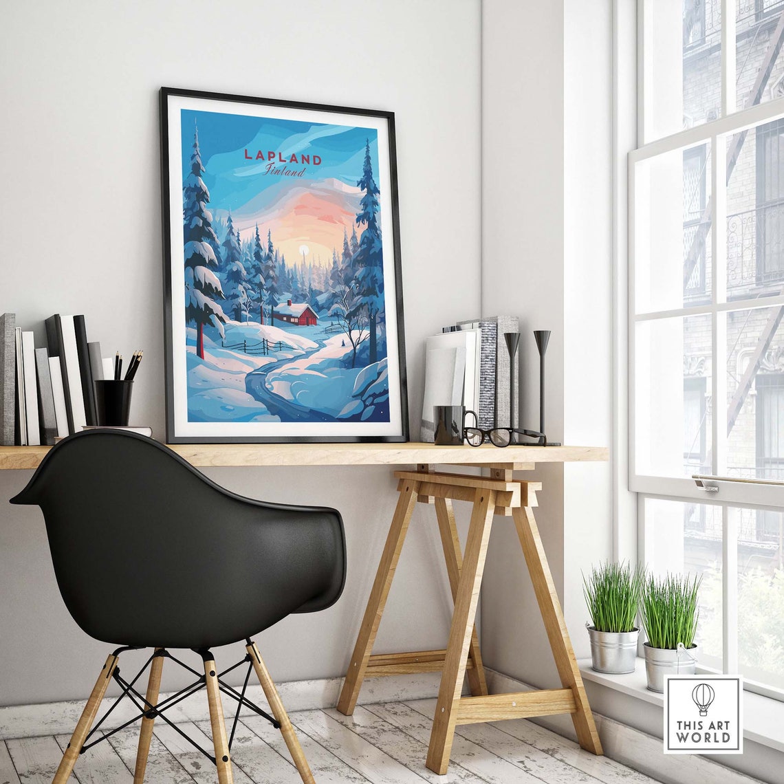 Lapland Finland Snowy Winter Forest Cabin Sunset Scenic Poster - Image 4