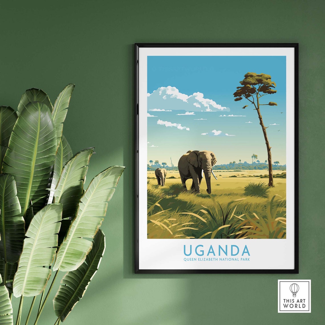 Uganda Queen Elizabeth National Park Elephants Safari Travel Poster - Image 2
