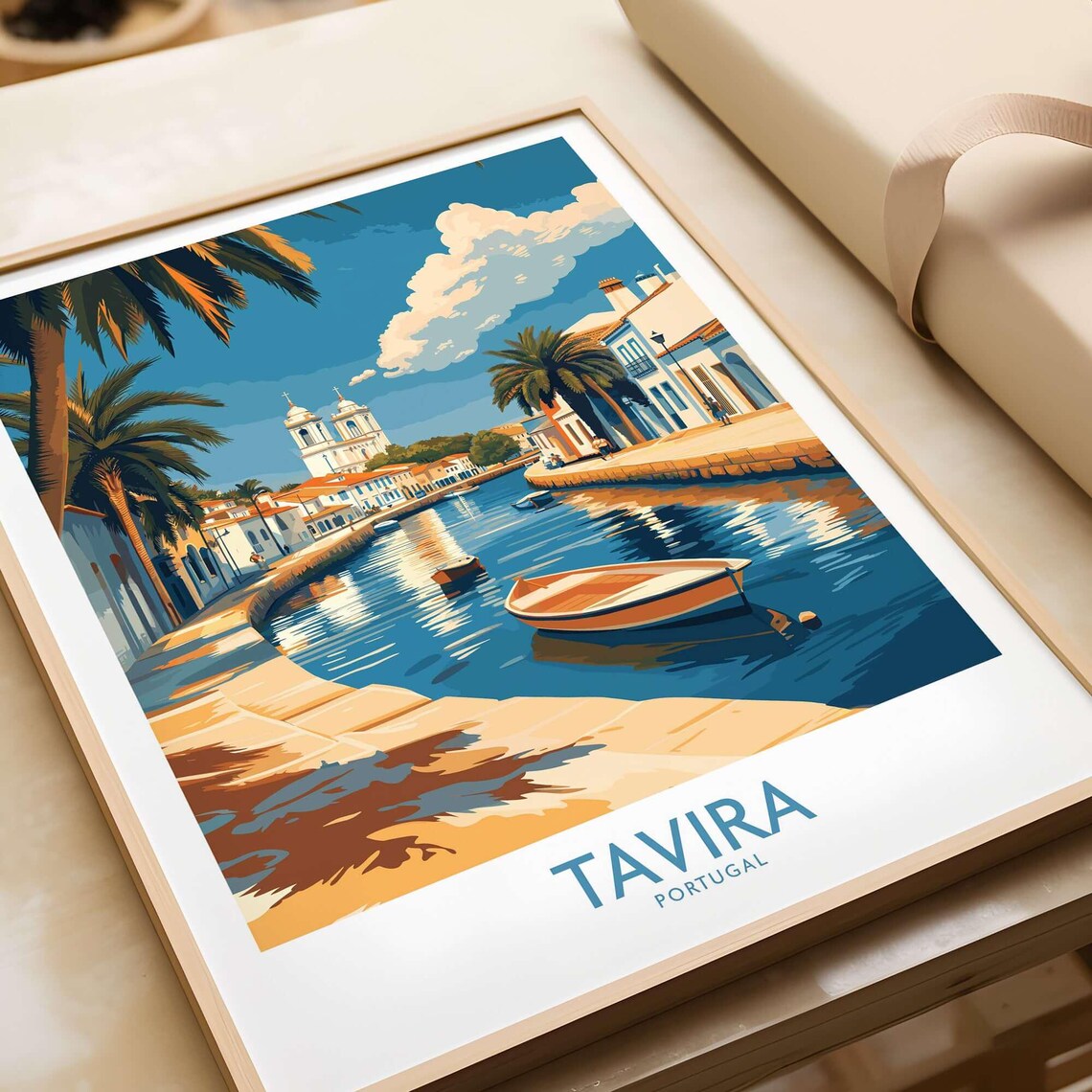 Tavira Portugal River Boat Church Towers Coastal Travel Poster