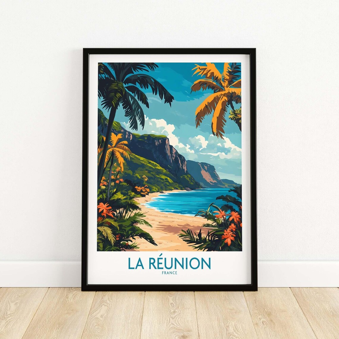 La Reunion France Tropical Beach Cliffs Vintage Travel Poster